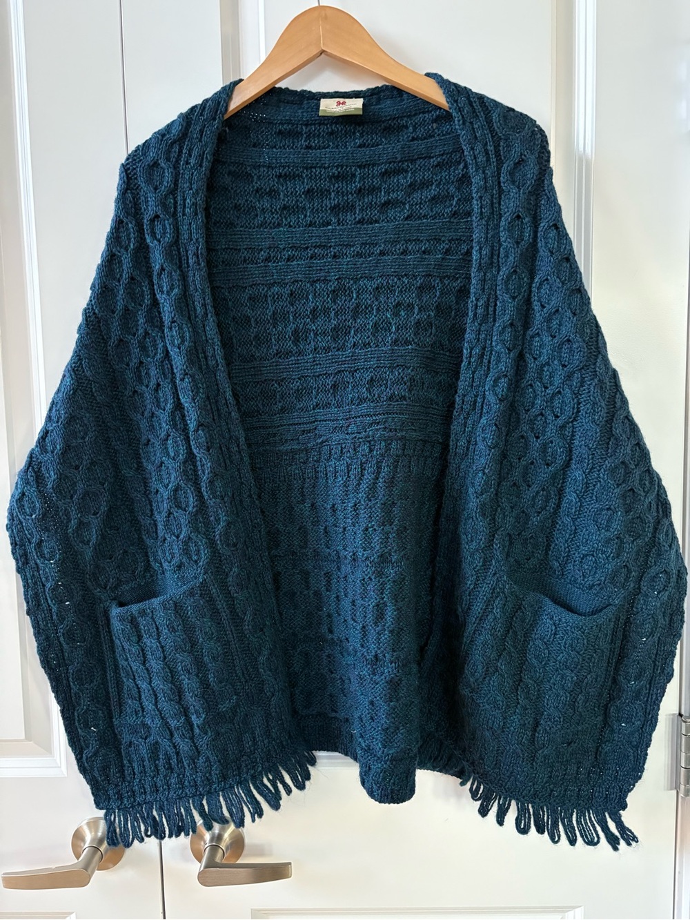 Navy Cable Knit Fringe Open Cardigan Shawl Sweater Merino Wool Carraigdonn